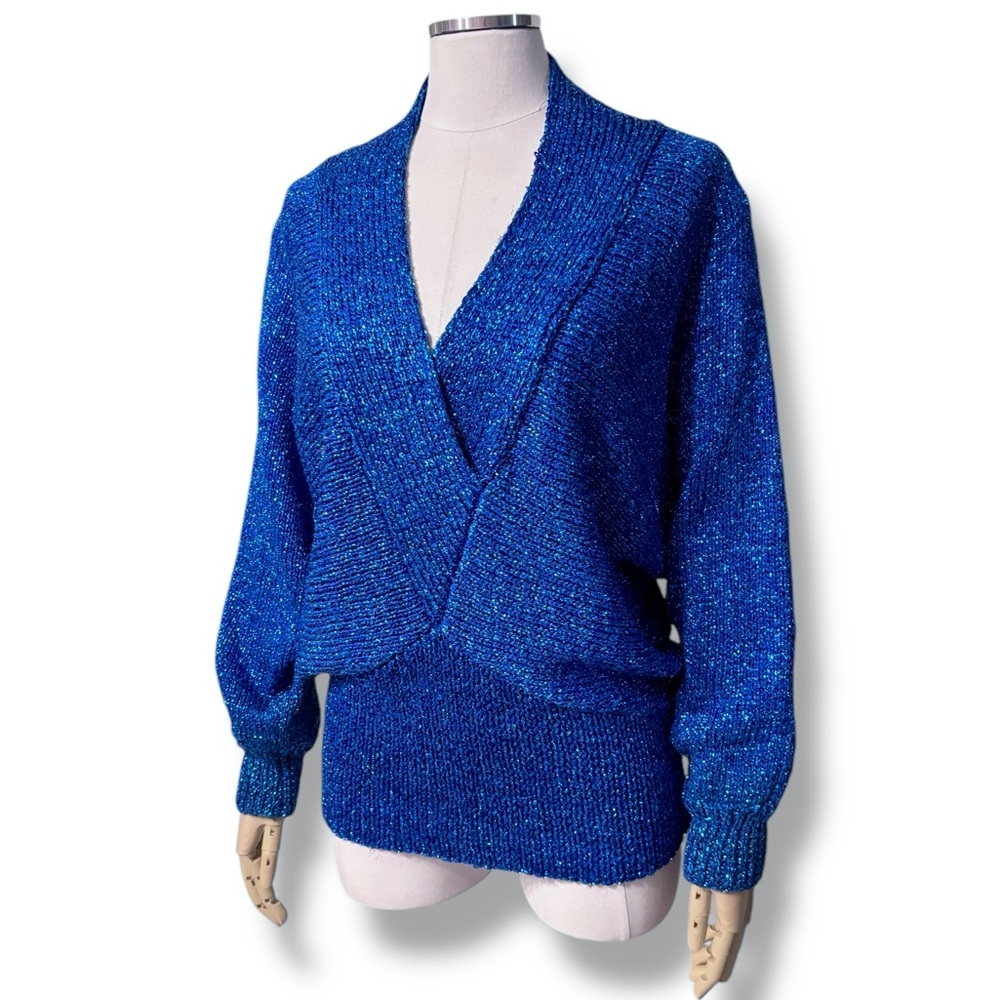 LILLIE RUBIN Metallic Blue Deep V Neck Sweater Dolman Sleeves VINTAGE